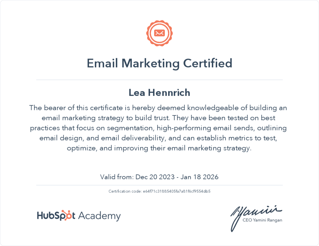 Zertifikat E-Mail Marketing Hubspot Lea Hennrich